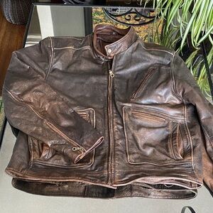 Vintage Oakwood Classic Brown Leather Coat, Men’s XL. *read description*